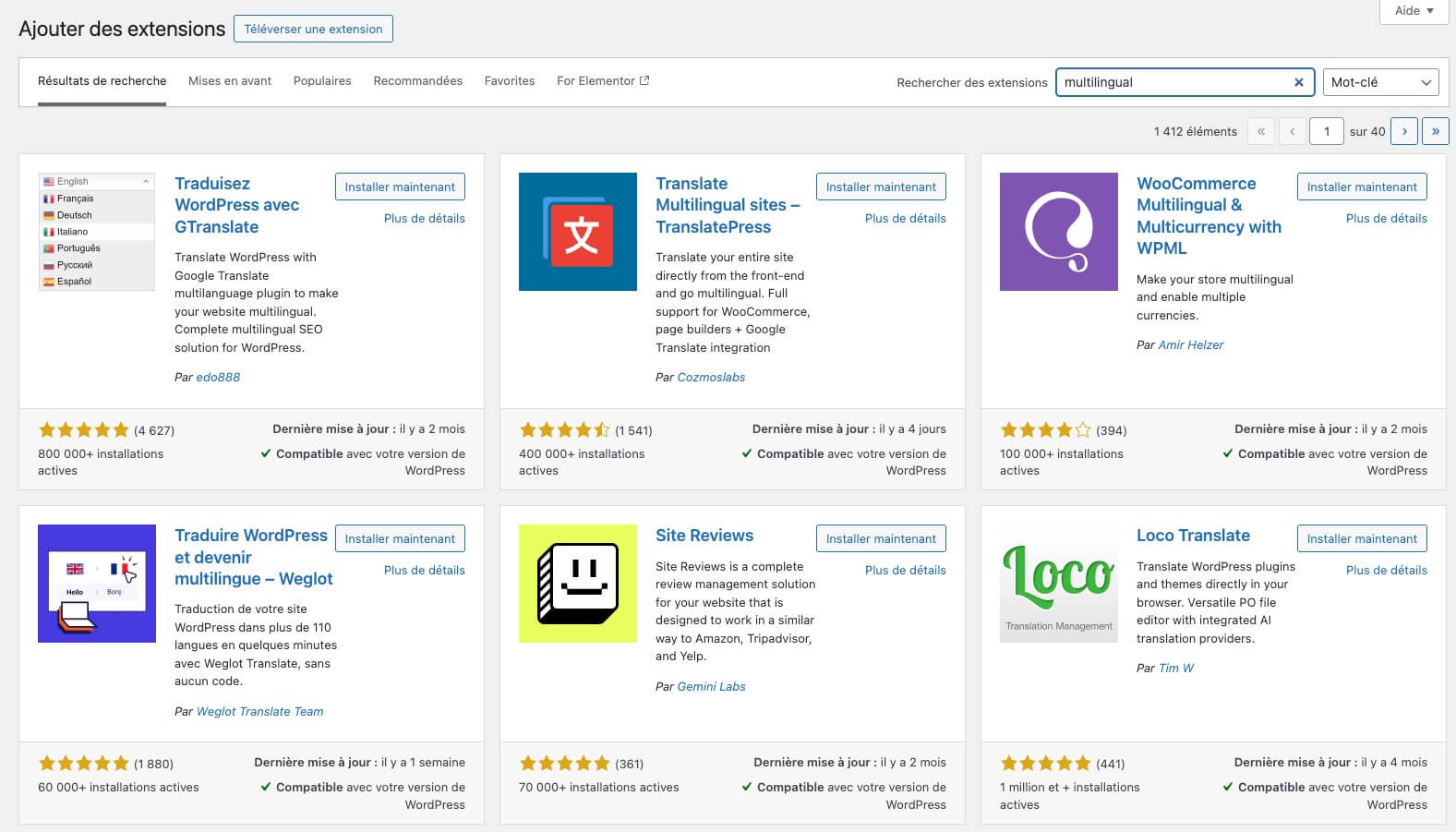 Capture d’écran : Ajouter un plugin dans WordPress