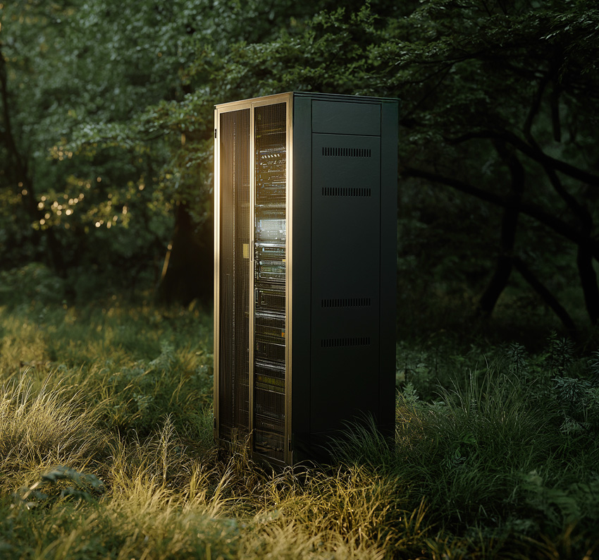 Server in der Natur, Symbol für grünes Hosting und nachhaltige Infrastruktur